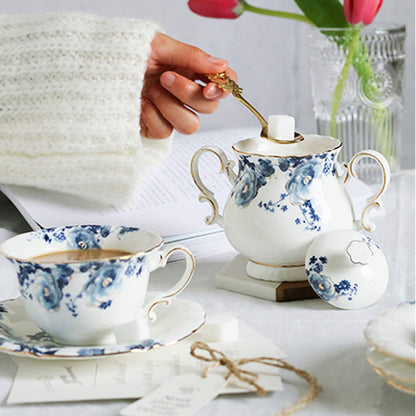 fanquare 21 Pieces Blue Rose British Afternoon Tea Set, Romantic Wedding Birthday Gift Tea Set, Porcelain Coffee Set for Adults