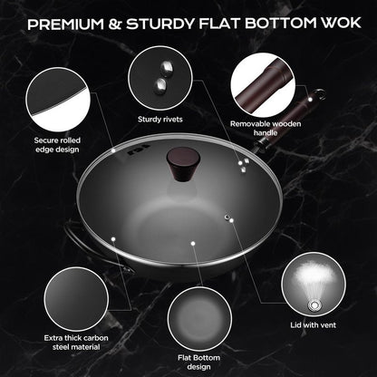Wok, 13 Inch carbon steel wok pan with steamer & stir-fry pans nonstick, Pre-Seasoned 5.8QT Flat Bottom Chinese Woks Paella Pan with lid, Carbon Steel Cookware, Compatible with All Cooktops