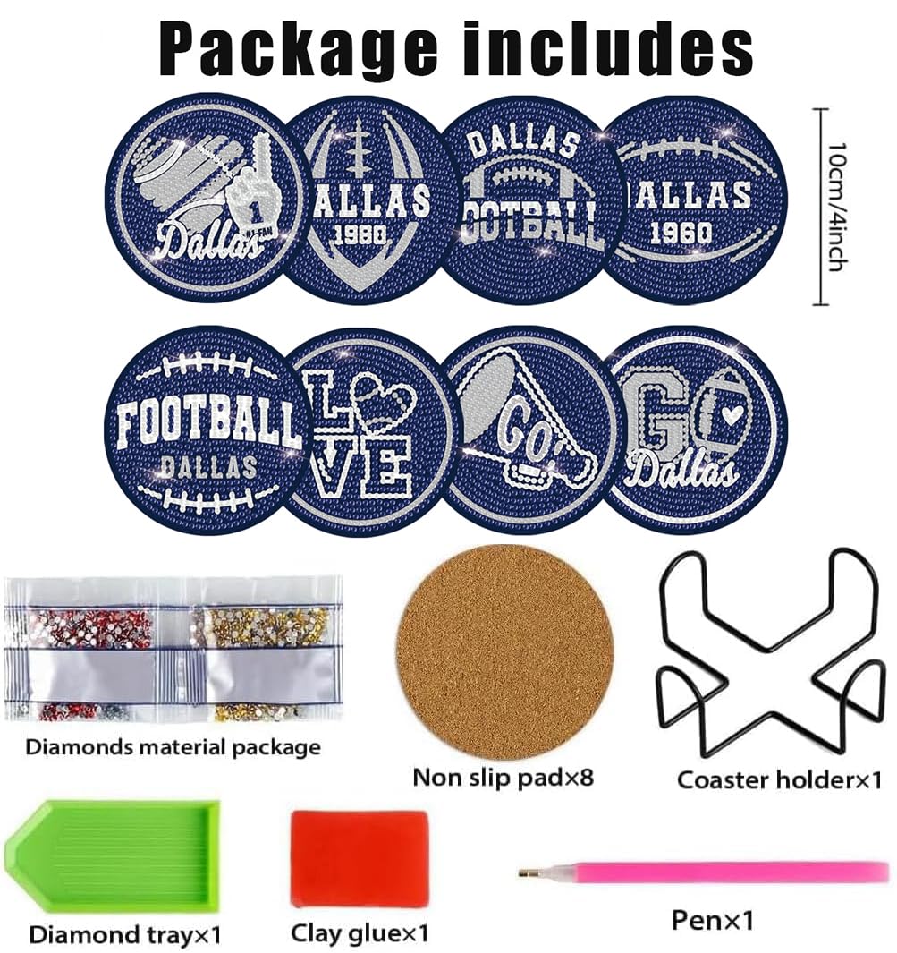 KALUOLAN 8PCS Diamond Painting Coasters Kits with Holder,5D Football Stlye Cup Coasters Diamond Art Sets for Beginners Kids Adults DIY Sports Gift for Dallas