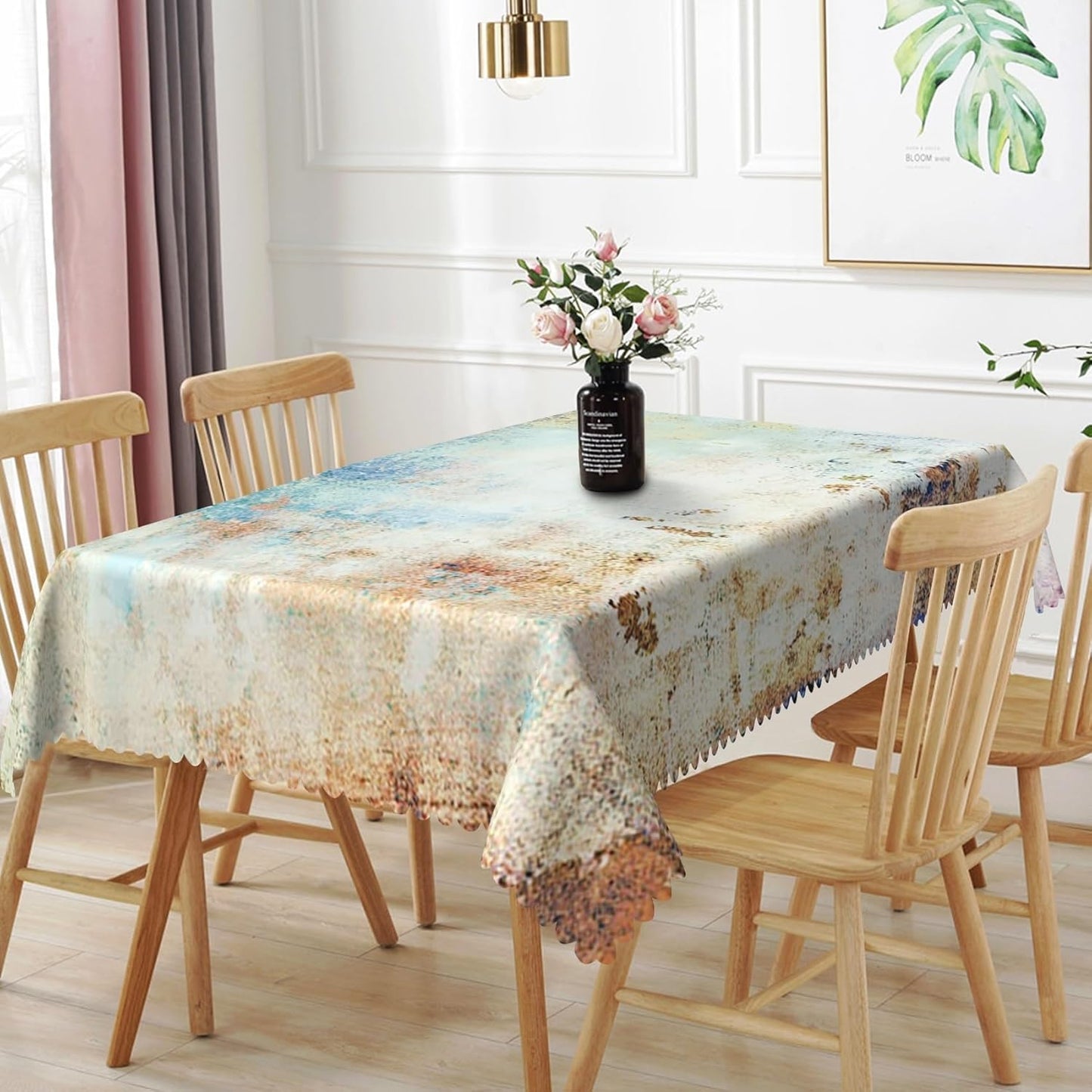 54x86 Inches Mid Century Tablecloth, Yellow and Blue Abstract Modern Art, Spill Proof and Oil Proof Fabric Table Cover