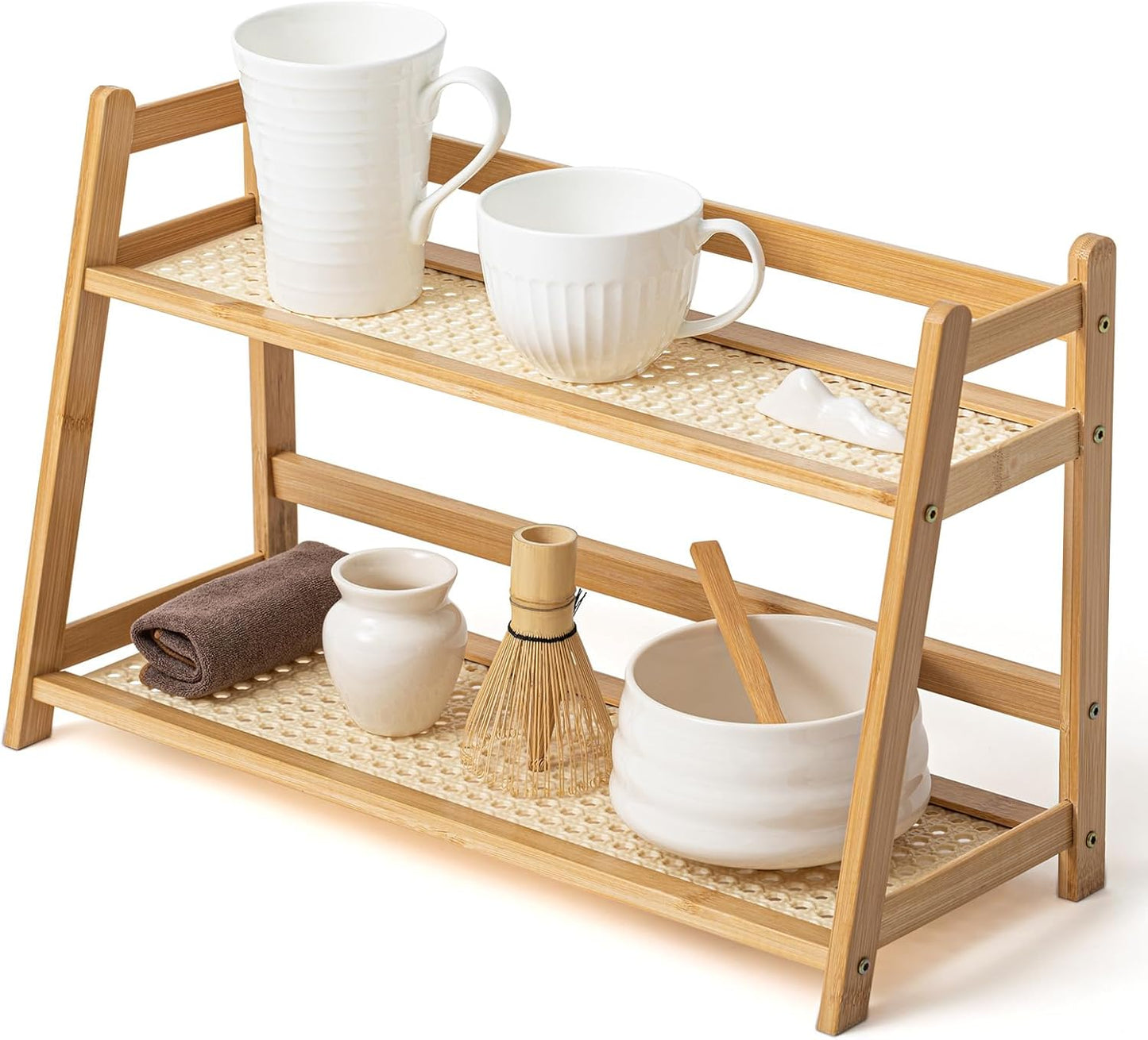 1 2 Countertop (Wood,17.7 Inch) Yalikop Pcs Tier Matcha Station Shelf Bamboo Coffee Mug Stand Storage Rack, Double