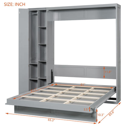 Ball & Cast Murphy Bed Queen Size Wall Chest with Shelves and 4 Drawers,Wood Hideaway Cabinet Platform Bedframe w/LED Lights,can be Folded,Space-Saving,for Small Room,Dorms,Gray