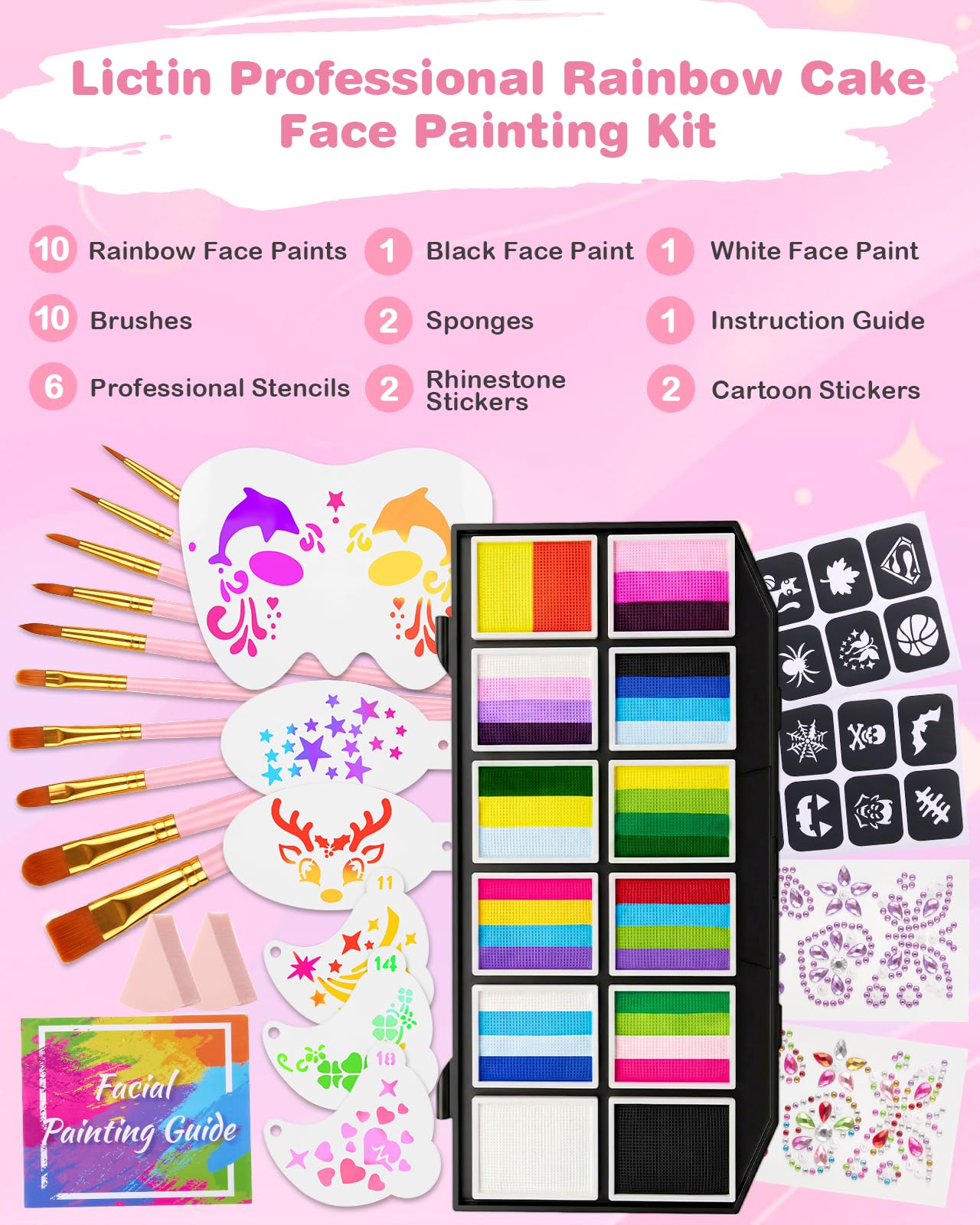 Lictin Face Painting Kit for Kids & Adults - 12x10g Split Face Paint Water Activated Water Based, Professional Body Paint Kit with Facepaint Stencils, Ideal for Party Cosplay Holiday Makeup