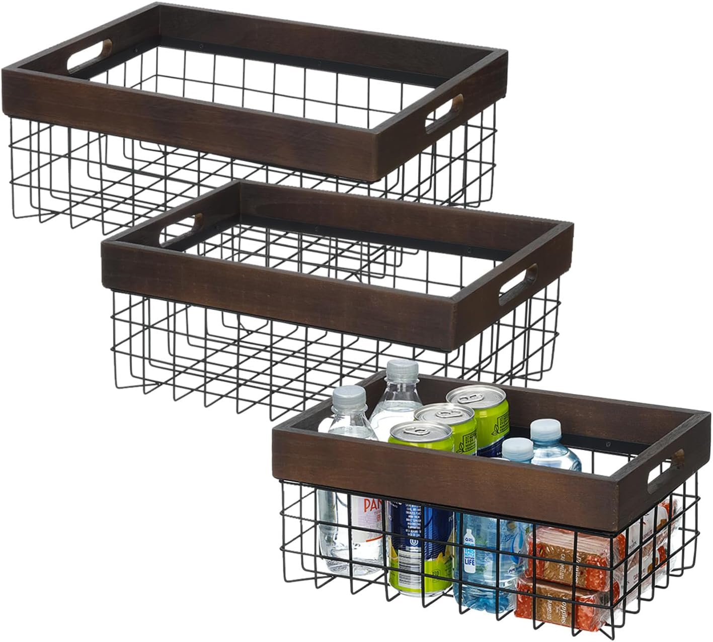 Set of 3 Metal Wire Baskets, Organizing Wood Top with Handles, Storage Organizer for Kitchen Cabinets, Pantry, Laundry