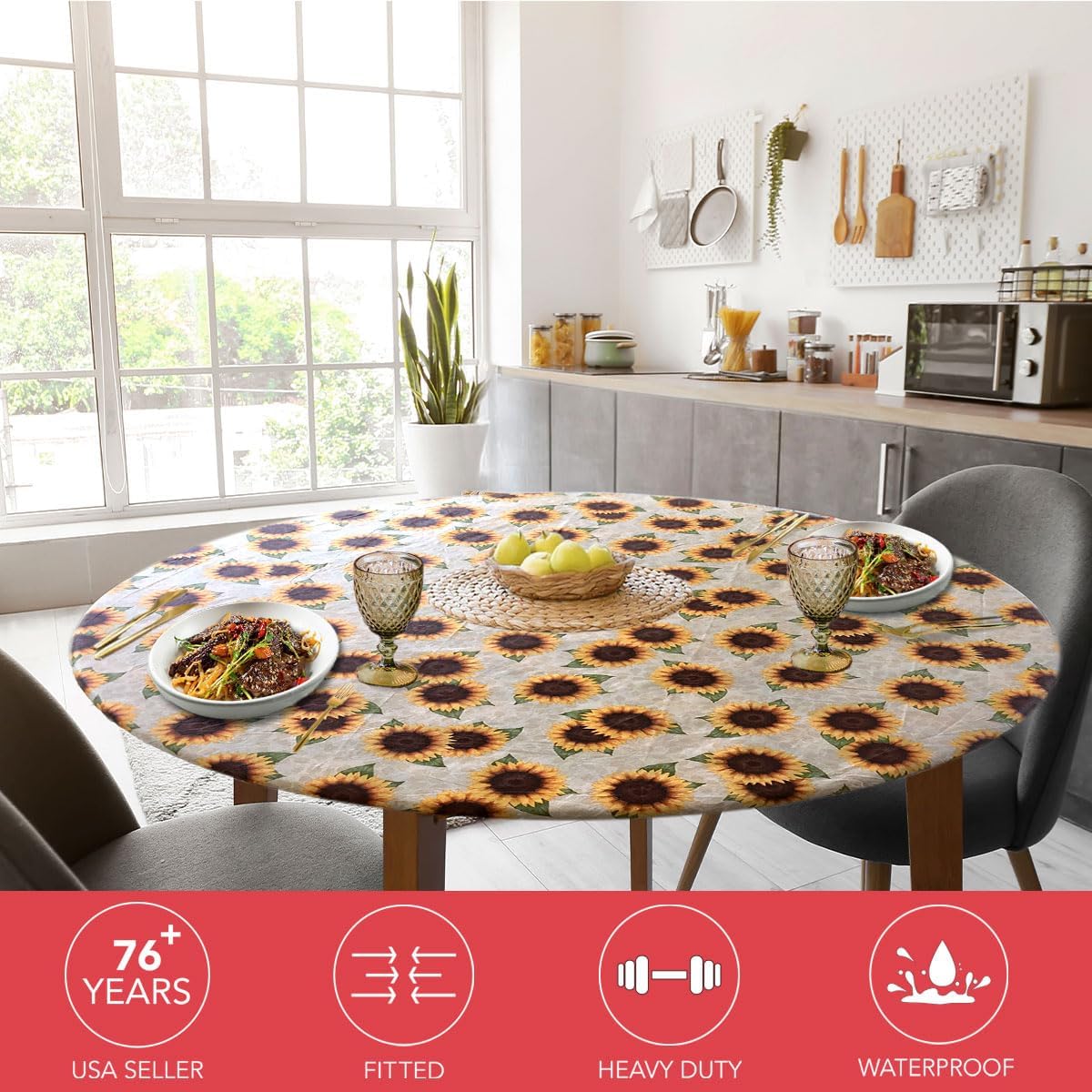 Covers For The Home Deluxe Elastic Edged Flannel Backed Vinyl Fitted Table Cover - Sunflower Pattern - Fits Tables up