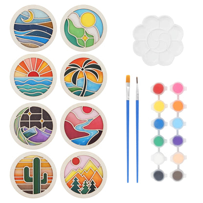 Temlum Wooden Coasters Painting Kit, Paint You Own Coaster Wooden Painting Craft Kit for Adults and Beginners Art Craft Supplies (Landscape)