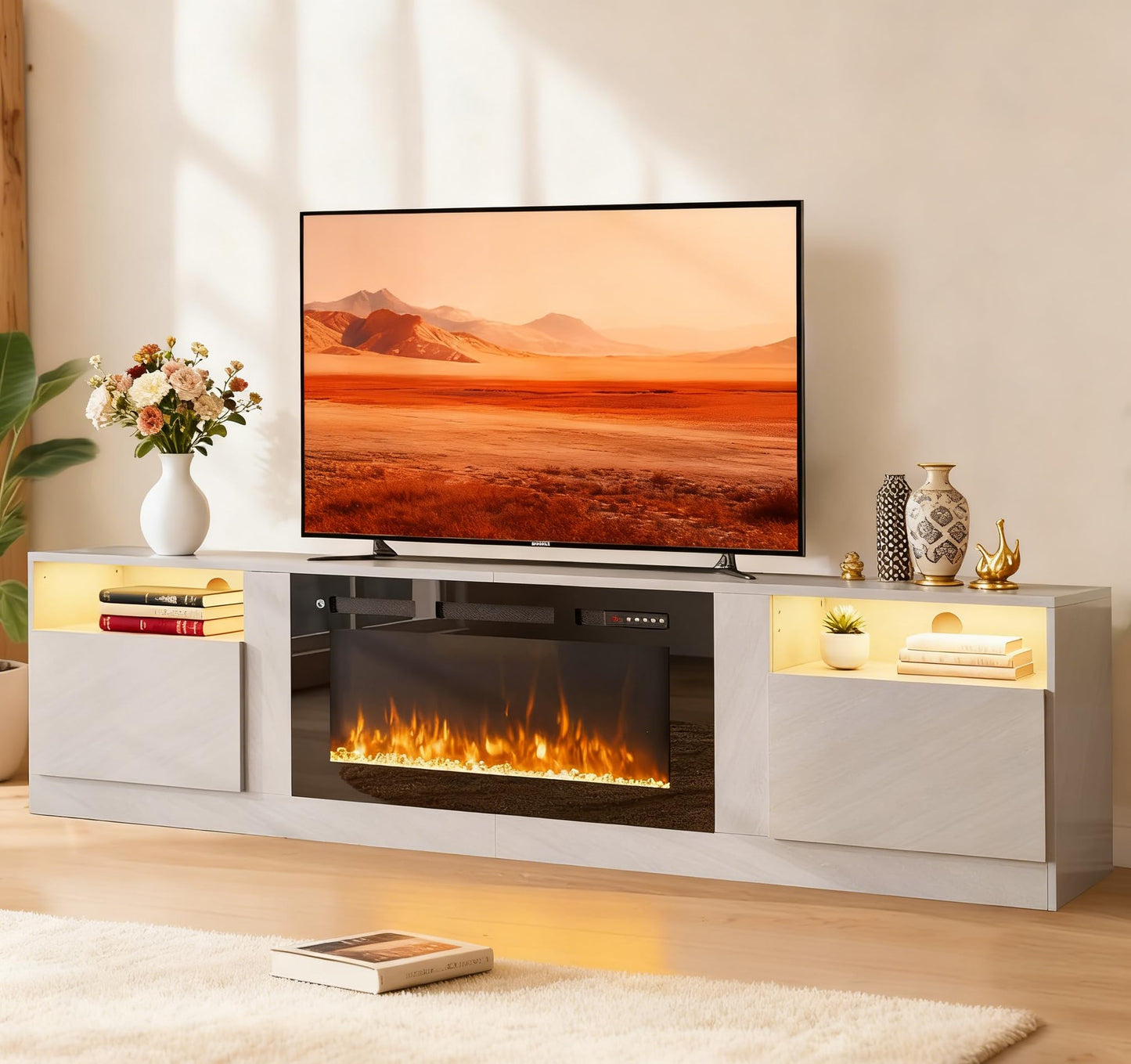 MXV 80" Fireplace TV Stand for TVs Up to 90", LED Light Entertainment Center with 36" Electric Fireplace, Modern Wood Texture TV Media Console with Highlight Storage Cabinet, Grey-Black