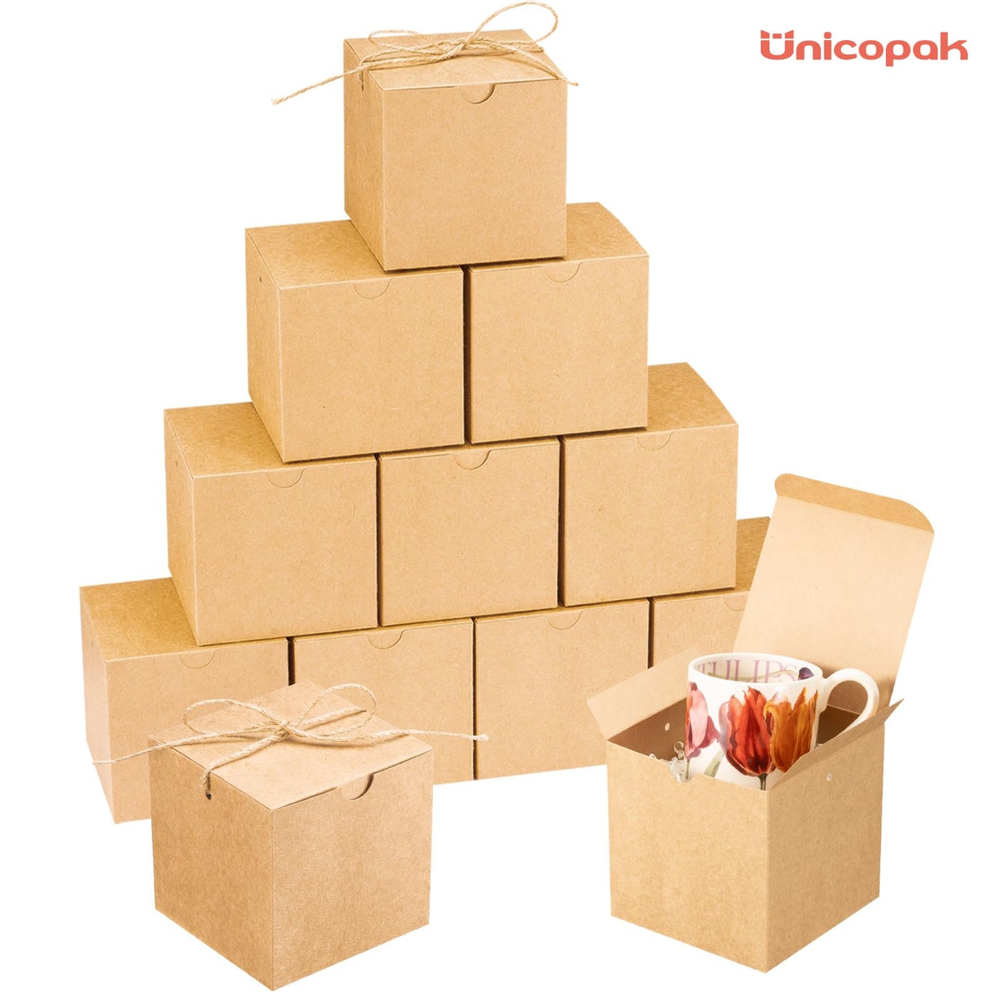 UnicoPak 30 Pack 5x5x5 Small Gift Boxes with Lids & Twine - Premium USA Kraft Cardboard - Pop-Up Easy Assembly Gift Boxes for Mugs, Candles, Ornaments & Christmas