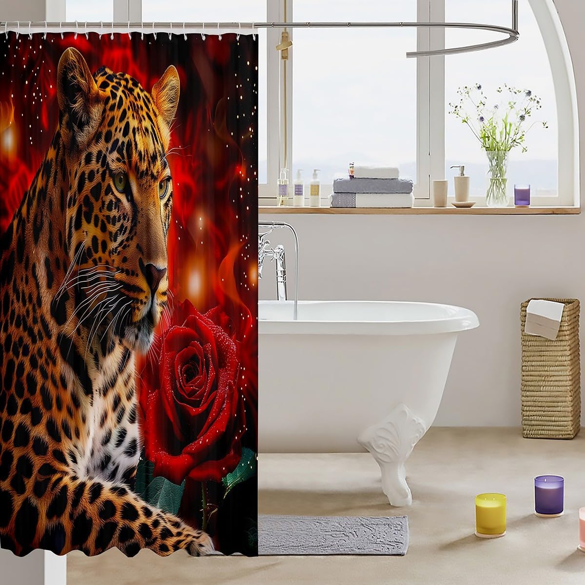 Rose Cheetah Shower Curtain, Leopard Print Bath Curtain 72 Long, Romantic Red Flowers Waterproof Bathroom Decor for Kids
