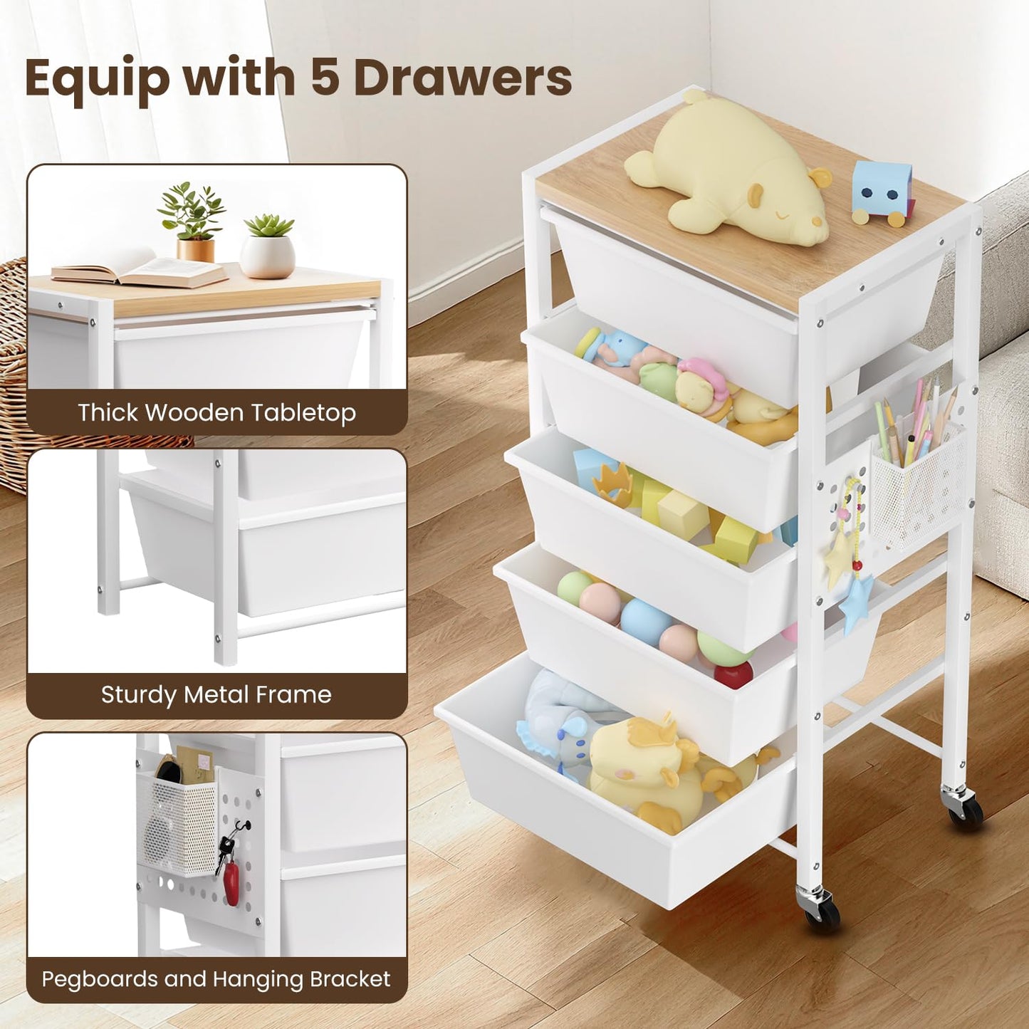 Rolling Cart with 5 Drawers, Plastic Drawer Storage Carts with Wheels & Wooden Tabletop, Metal Utility Cart with Pegboards, Office Living Room Classroom Craft Organization and Storage, Bright White