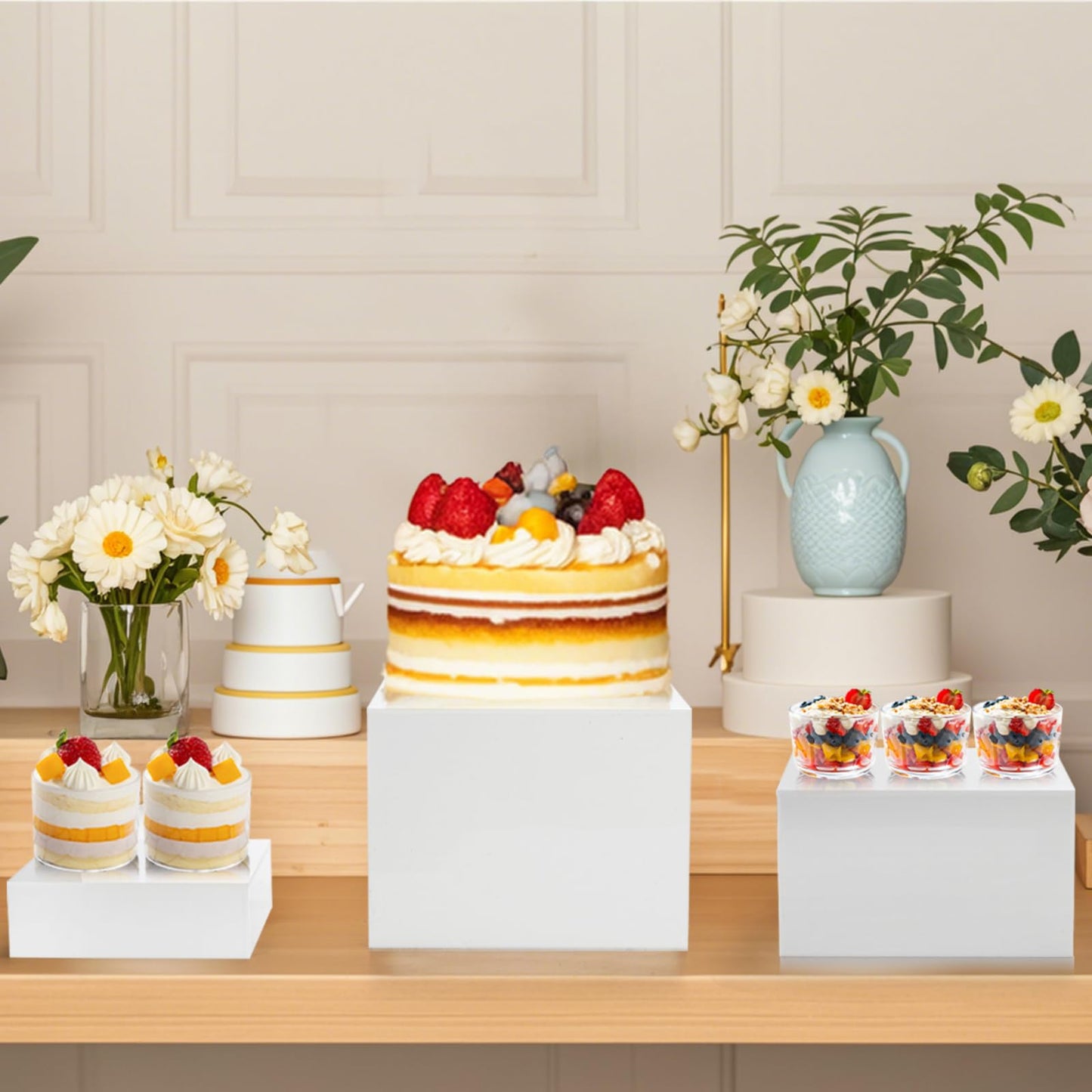 Hacaroa Set of 3 Acrylic Cube Riser Hollow Bottom, 6/7/8 Inch Small Glossy White Buffet Riser Food Display Stand, 5 Sides Cupcake Stand Nesting Display Box for Jewelry, Collectibles, Figures, 3 Sizes