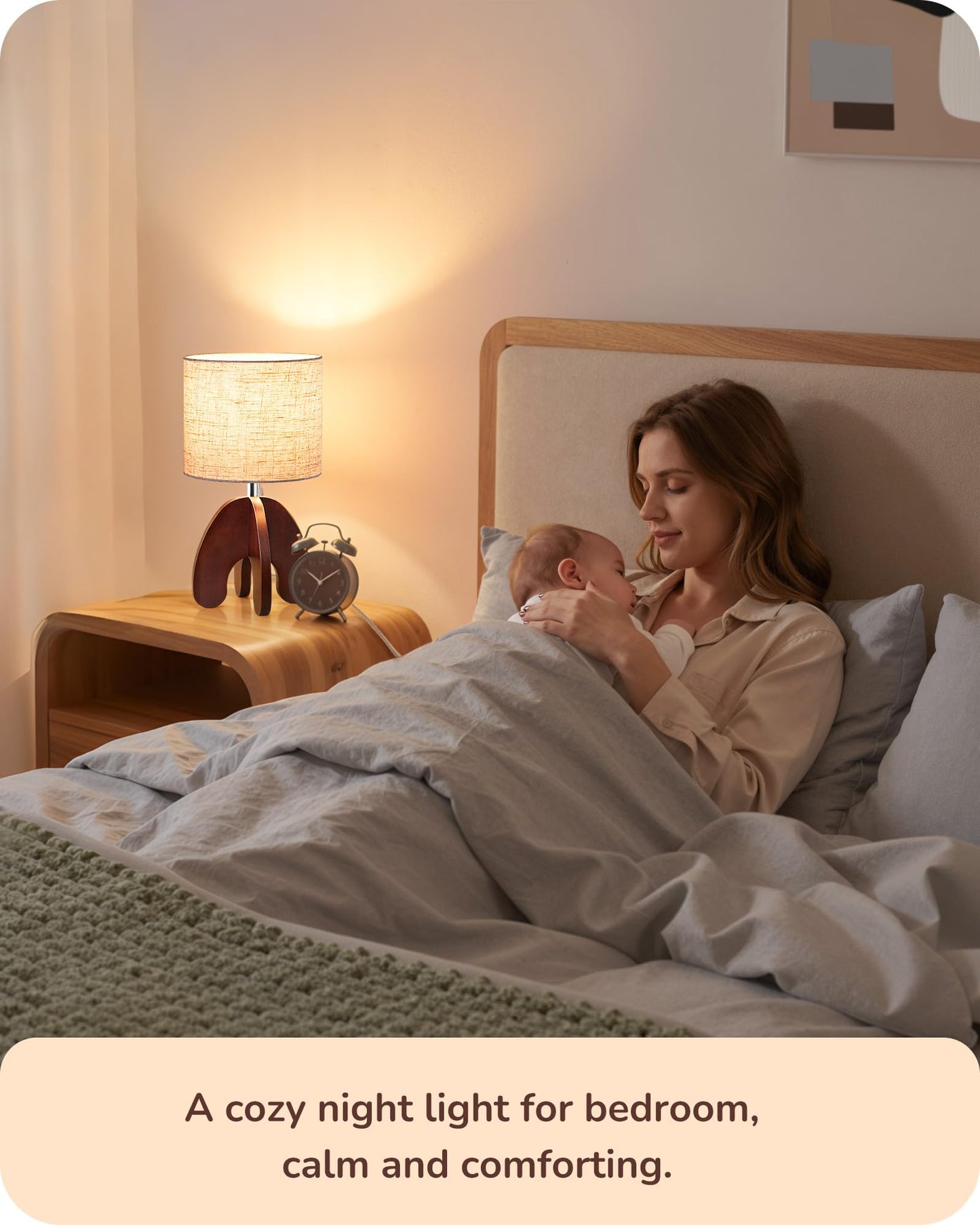 EDISHINE 14.17" Small Table Lamp, Integrated Four-Legged Wooden Bedside Lamp Base, Beige Linen Lampshade, E26, Modern Nightstand Lamp for Nursery, Bedroom, End Table, ON/Off Switch