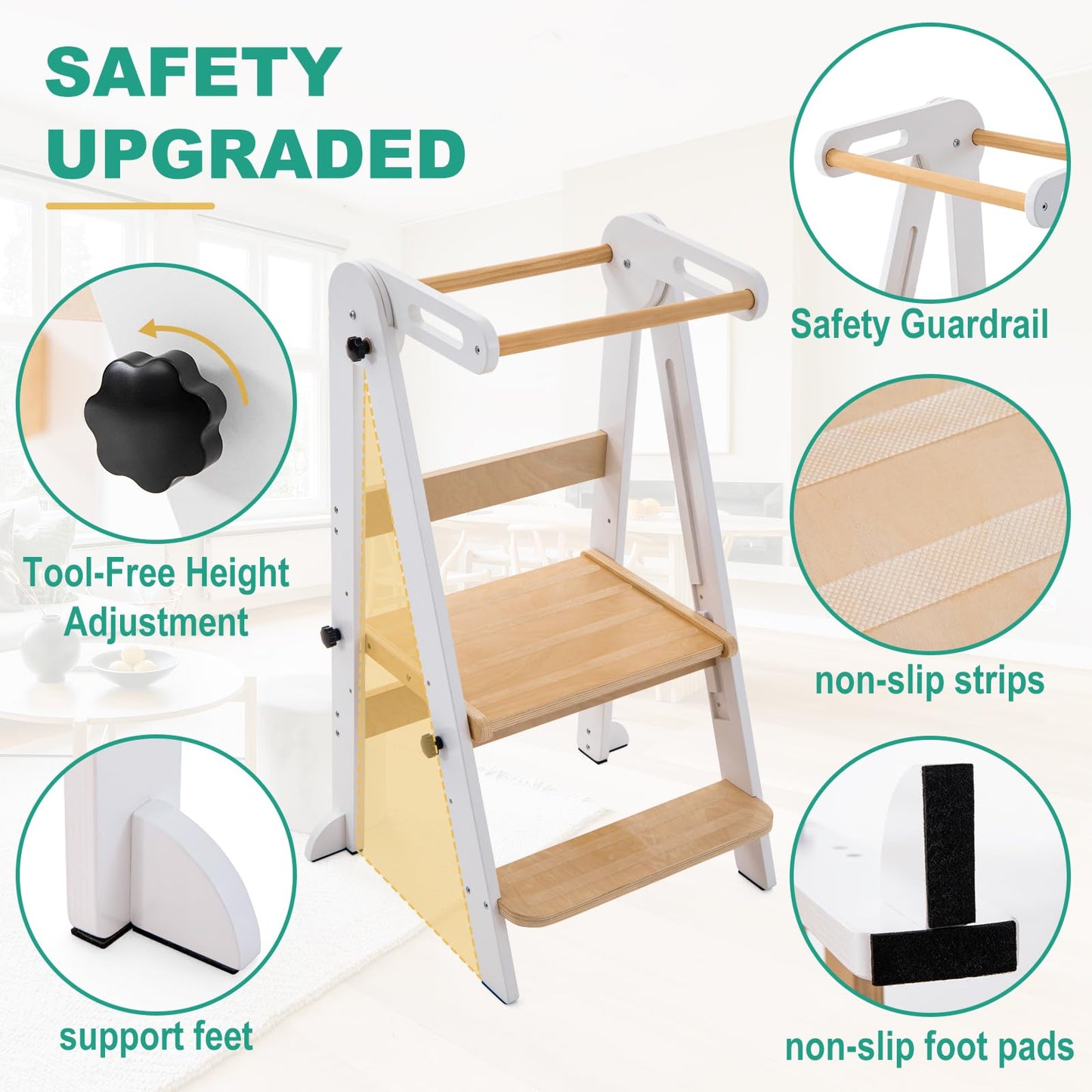 Foldable Toddler Tower, Kitchen Stool Helper, Standing Tower with 3 Adjustable Heights and Non-Slip-Strips, Kitchen Tower for Kids 1.5-6 Years, Montessori Stool for Counter Sink (White)