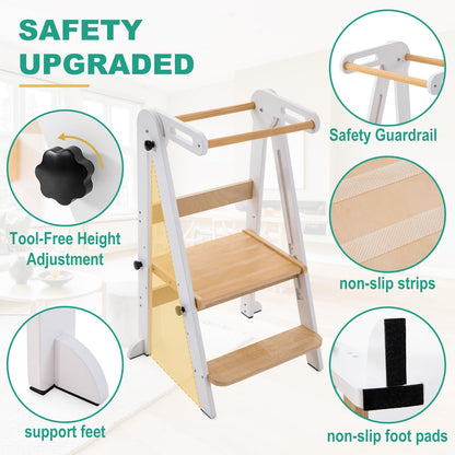 Foldable Toddler Tower, Kitchen Stool Helper, Standing Tower with 3 Adjustable Heights and Non-Slip-Strips, Kitchen Tower for Kids 1.5-6 Years, Montessori Stool for Counter Sink (White)