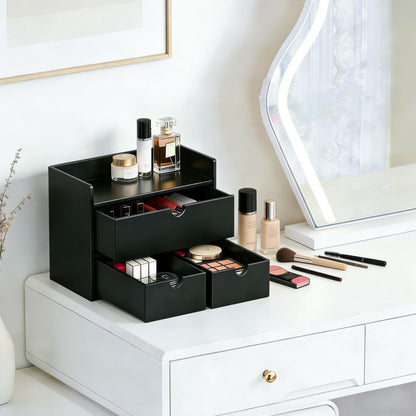 Bamboo Desk Organizer with Drawers, Tabletop Cosmetic Makeup Storage Box, No Assembly Desktop Countertop Storage Holder for Skincare Toiletries, Home Office Bathroom Vanity Organization(black)