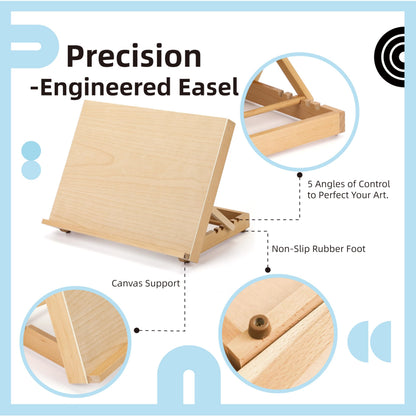 Adjustable Beech Wood Tabletop Easels for Painting and Drawing Supplies - Portable Drafting Table & Art Stand, 5-Position Desk Easel with Smooth Art Board for Studio Sketching (16.5" x 12.5")