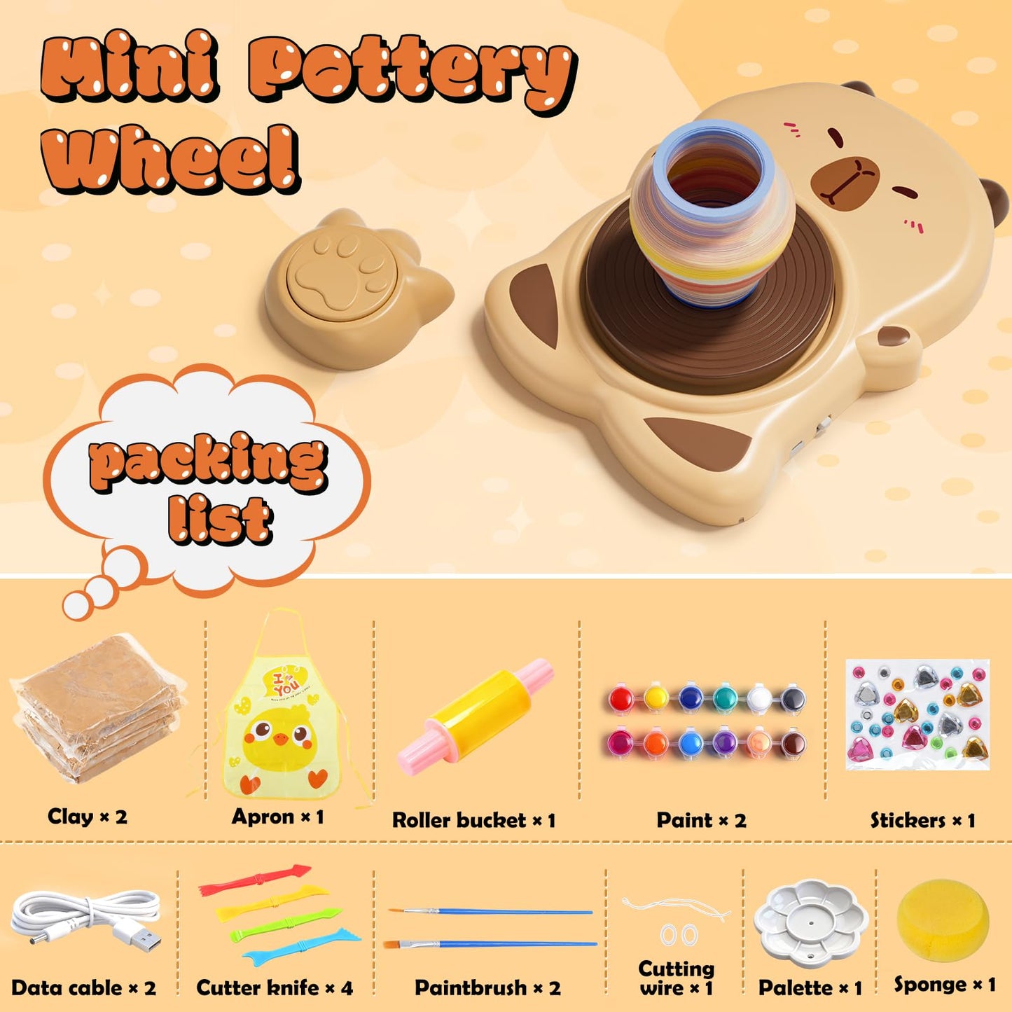 Skirfy Mini Pottery Wheel Machine Kit for Beginners Kids with Light,Electric Ceramic Wheel with Foot Pedal&Painting Kit, Adjustable Speed,Clay Spinner DIY Tools for Art Craft Birthday (Brown)