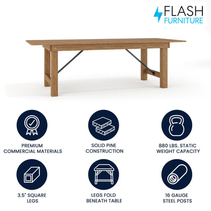 Flash Furniture Hercules Series 8' x 40" Rustic Solid Pine Folding Dining Table, Rectangular Antique Farmhouse Dining and Event Extension Table