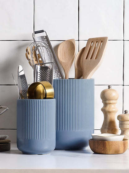 LE TAUCI Utensil Holder for Kitchen Counter, 7.3"+5.4" Fluted Ceramic Utensil Crock Organizer for Countertop, Heavy Large Holder for Spatulas, Spoons, Set of 2, Dusty Blue