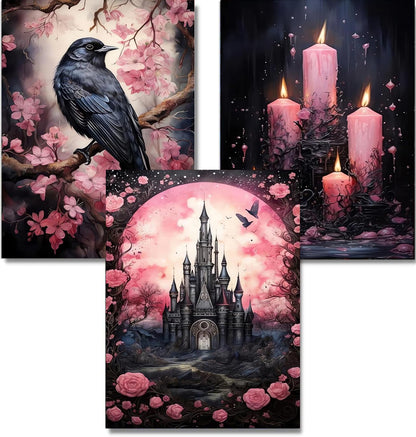 DAZZLEDOTS Diamond Art Kits for Adults, 3 Pack Pink Diamond Painting Kits for Beginner DIY Crow Castle and Candle 5D Full Drill Diamond Dots Crafts for Home Wall Decor Gifts 12x16 Inch