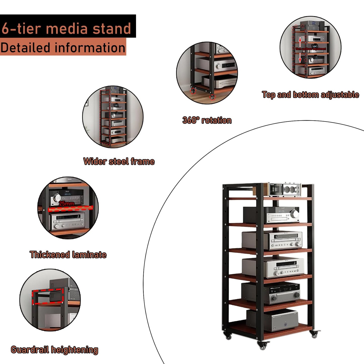Dernoing 6 Tier Audio Rack Tower, CD Record Player Stereo Receiver AV Equipment Cabinet Display Rack, Weight Capacity 661 lbs, with Adjustable Wooden Shelves for Home (6 Tier Teakwood)