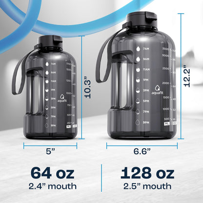 AQUAFIT 1 Gallon Water Bottle with Time Marker - Straw & Chug Lid - BPA Free Gym Water Bottle with Straw - Big Gallon Jug (Gray, 128 oz - 2 Lids)