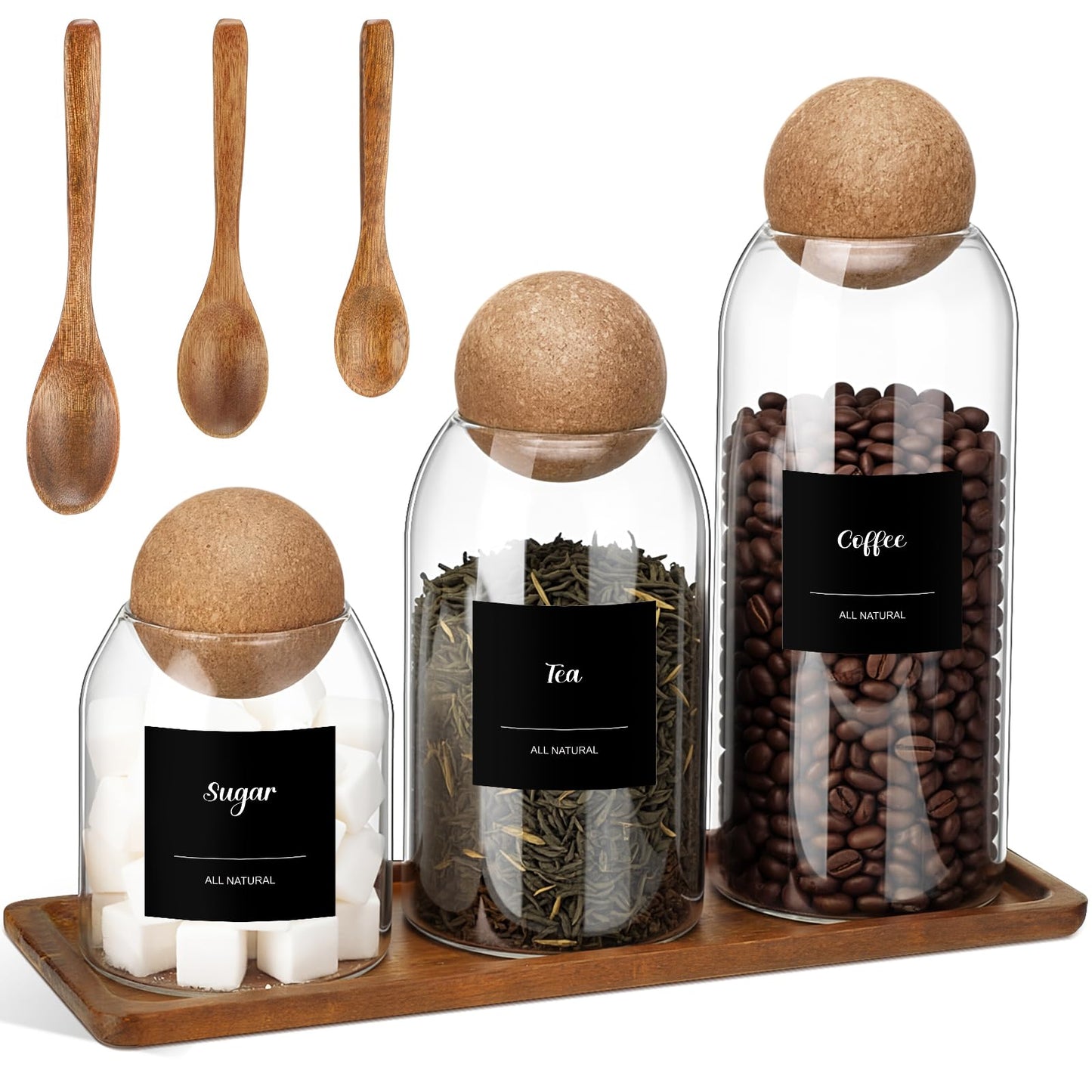 Suclain 3 Pcs Glass Coffee Storage Jar with Ball Cork Lid Wooden Spoon Shelf Labels Airtight Round Bottle Jar Food Storage Canister Set for Sugar Spice Coffee Bean Holder Candy Gift(17, 27, 41 oz)