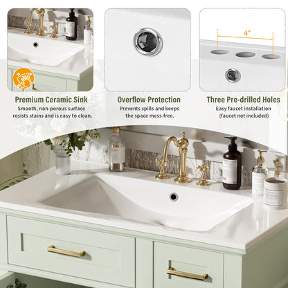 Favfurish 30" Bathroom Vanity with Ceramic Sink, Modern Storage Cabinet with Soft-Close Doors,Deep Drawer & Standard Drawer, Stylish Bath Vanity for Small Bathroom,Easy Assembly,Green