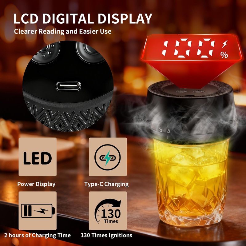 Electric Whiskey Smoker Kit, Fathers Day Mens Gifts for Men Dad Husband from Daughter Son Wife, Rechargeable Cocktail Smoker with 6 Wood Chips Built-in Lighter, Old Fashioned Bourbon Drink Smoker Kit