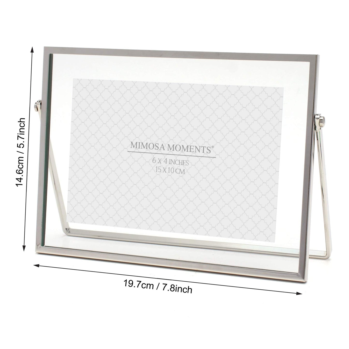 MIMOSA MOMENTS 4x6 Silver Metal Floating Picture Frame, Horizontal Double Glass Tabletop Display, Modern Minimalist Photo Frame for Home & Office Decor
