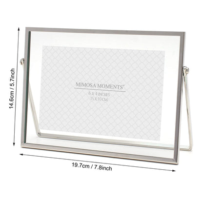 MIMOSA MOMENTS 4x6 Silver Metal Floating Picture Frame, Horizontal Double Glass Tabletop Display, Modern Minimalist Photo Frame for Home & Office Decor