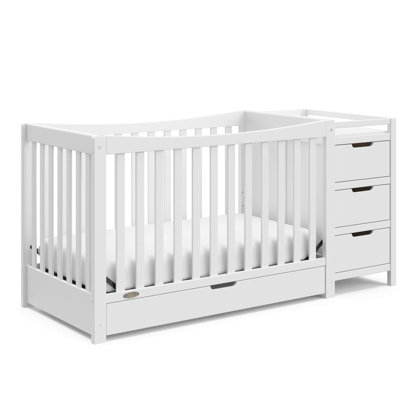 Graco Remi 4-in-1 Convertible Crib & Changer – GREENGUARD Gold Certified, Fits Standard Crib Mattress, Converts to Toddler Bed and Full Bed, 4 Adjustable Mattress Heights (White)