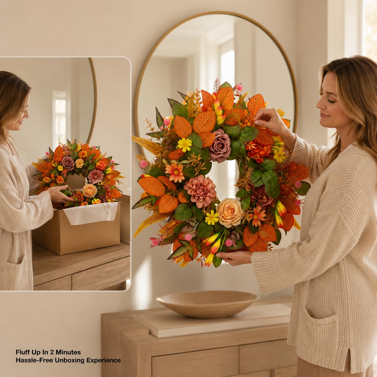 JYJXCOS Fall Wreaths for Front Door, 20 Inch Orange Autumn Wreath