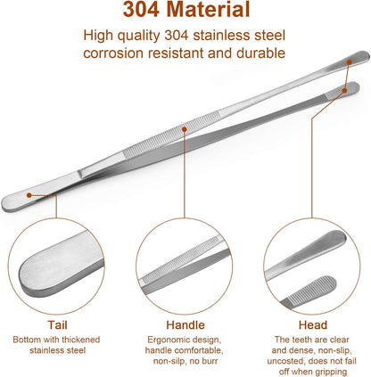 AHIER 4 Pcs Kitchen Fine Tweezer Tongs, 12” and 10” Stainless Steel Food Tweezers Set for Cooking