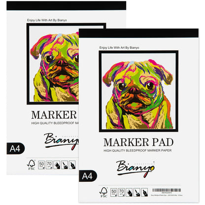 Bianyo Bleedproof Marker Paper Pad, A4(8.27"X11.69"), 50 Sheets/Pad, Pack of 2 Pads, 18 LB / 70 GSM, Glue-Bound, 100% Cotton, White, Ideal for Use with Markers and Ink Mediums