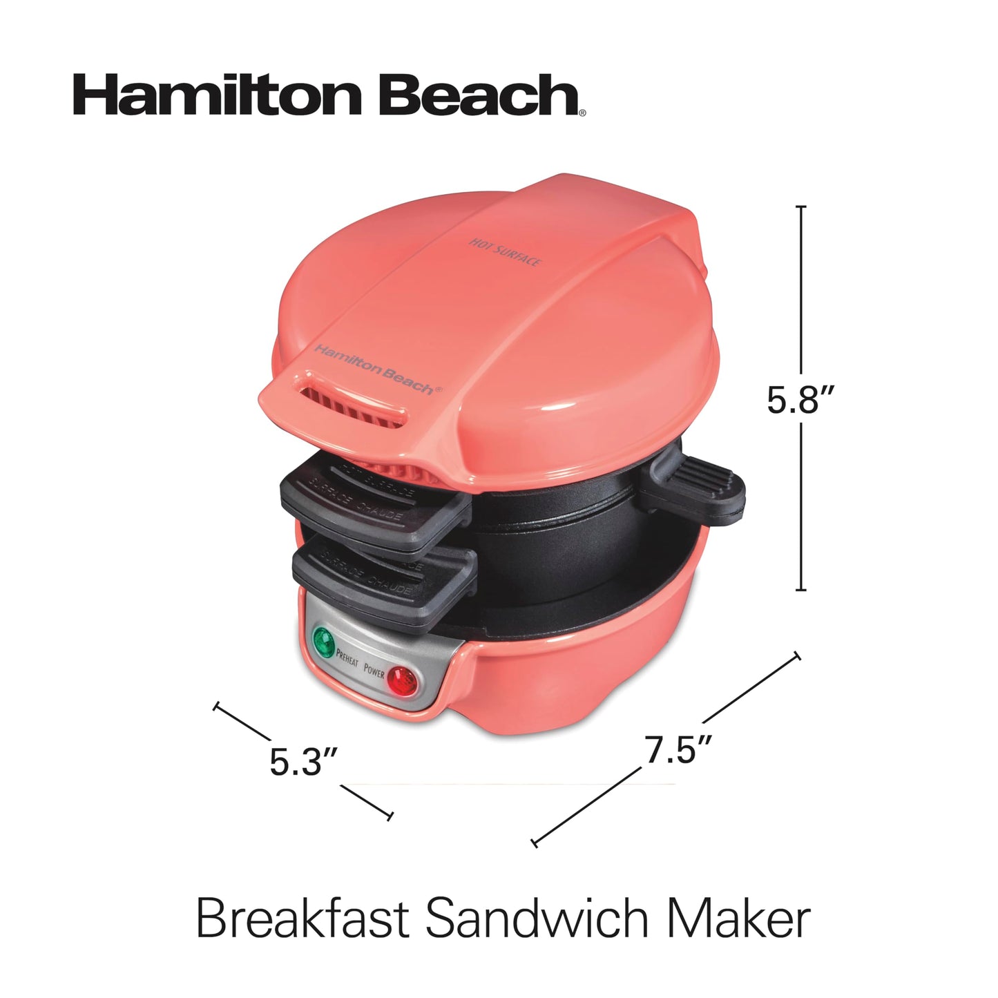 Hamilton Beach Breakfast Sandwich Maker with Egg Cooker Ring, Customize Ingredients, Perfect for English Muffins, Croissants, Mini Waffles, Perfect White Elephant Gifts, Coral (25483)