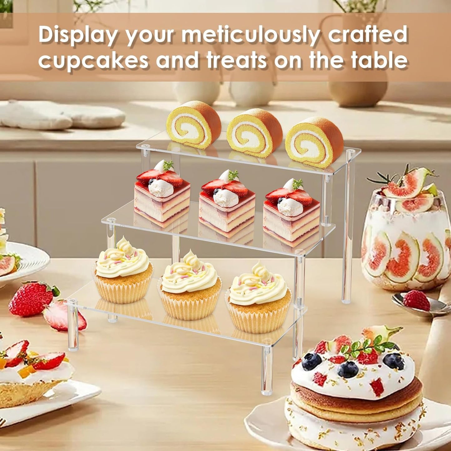 Acrylic Display Risers - Clear 3 Tiered Cupcake Stand for Food Desserts, Mini Shelf for Party, Toys, and Cosmetic