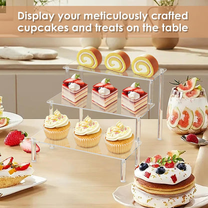 Acrylic Display Risers - Clear 3 Tiered Cupcake Stand for Food Desserts, Mini Shelf for Party, Toys, and Cosmetic