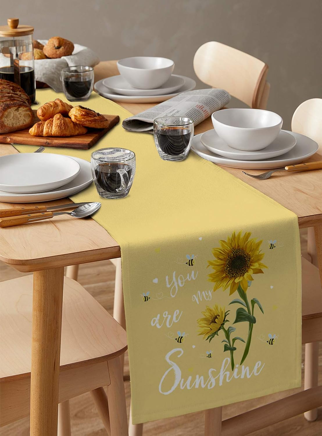 Summer Table Runner - 120 Inches Long Rustic Flower You are My Sunshine Yellow Tablerunner for Dining Table