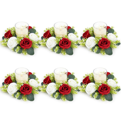 Acmee Crimson Rose Candle Rings with Flameless Candles Sets - 12PCS Artificial Flower Eucalyptus Wedding Centerpiece 3 Inch Pillar Candleholders Wreaths for Wedding Party Decor (Crimson - 6 Sets)