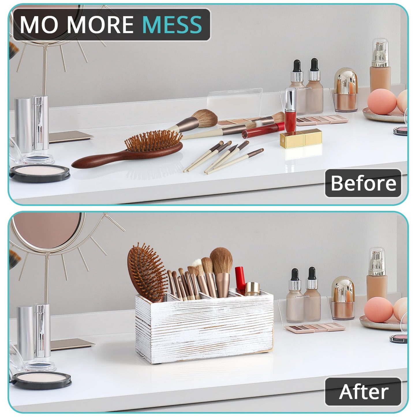 Pencil Pen Holder for Desk, White Washed Wood Office Desk Organizers and Accessories with 4 Slots for Countertop, Makeup Brush Holder Organizer for Bathroom Vanity, Silverware Caddy for Party