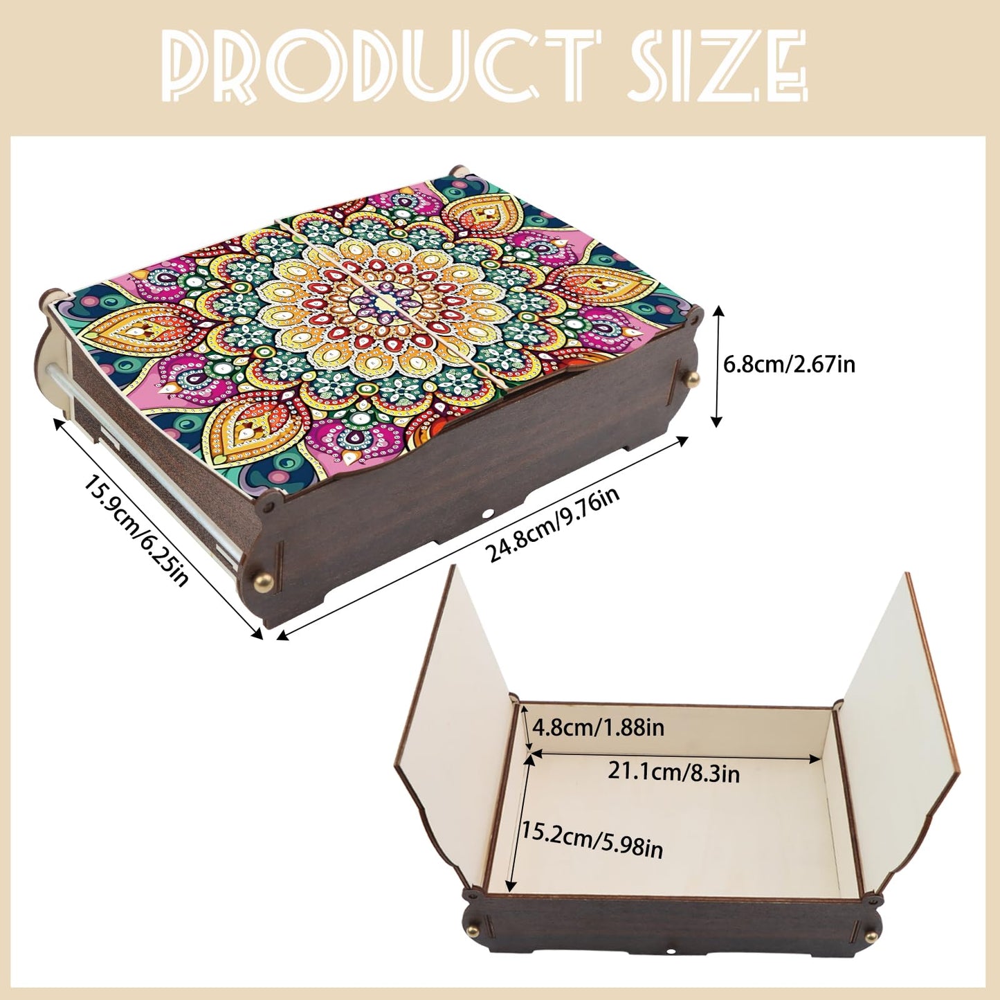 MVVMTOP Diamond Art Painting Kit Wooden Storage Box, Mandala Pattern DIY Special Shaped Diamond Flip Cover Wooden Money Box, Handmade Art Desktop Decorations Birthday Gifts for Friends