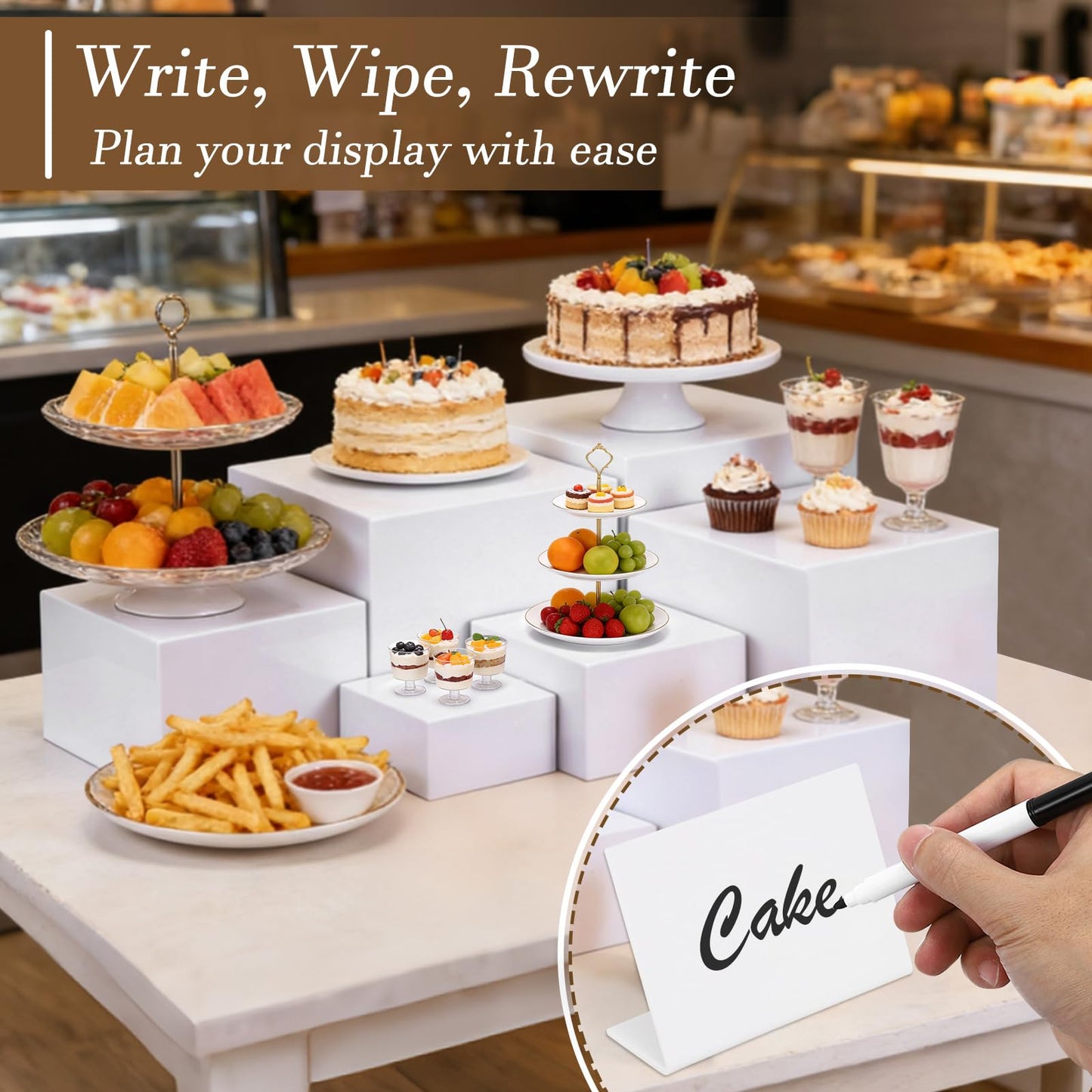 nplehome 6 Pcs Buffet Risers, White Acrylic Large Food Risers for Buffet Table with Mini Table Sign, Display Stand Shelf for Party, Catering Cube Nesting Boxes (9" 8" 7" 6" 5" 4" )