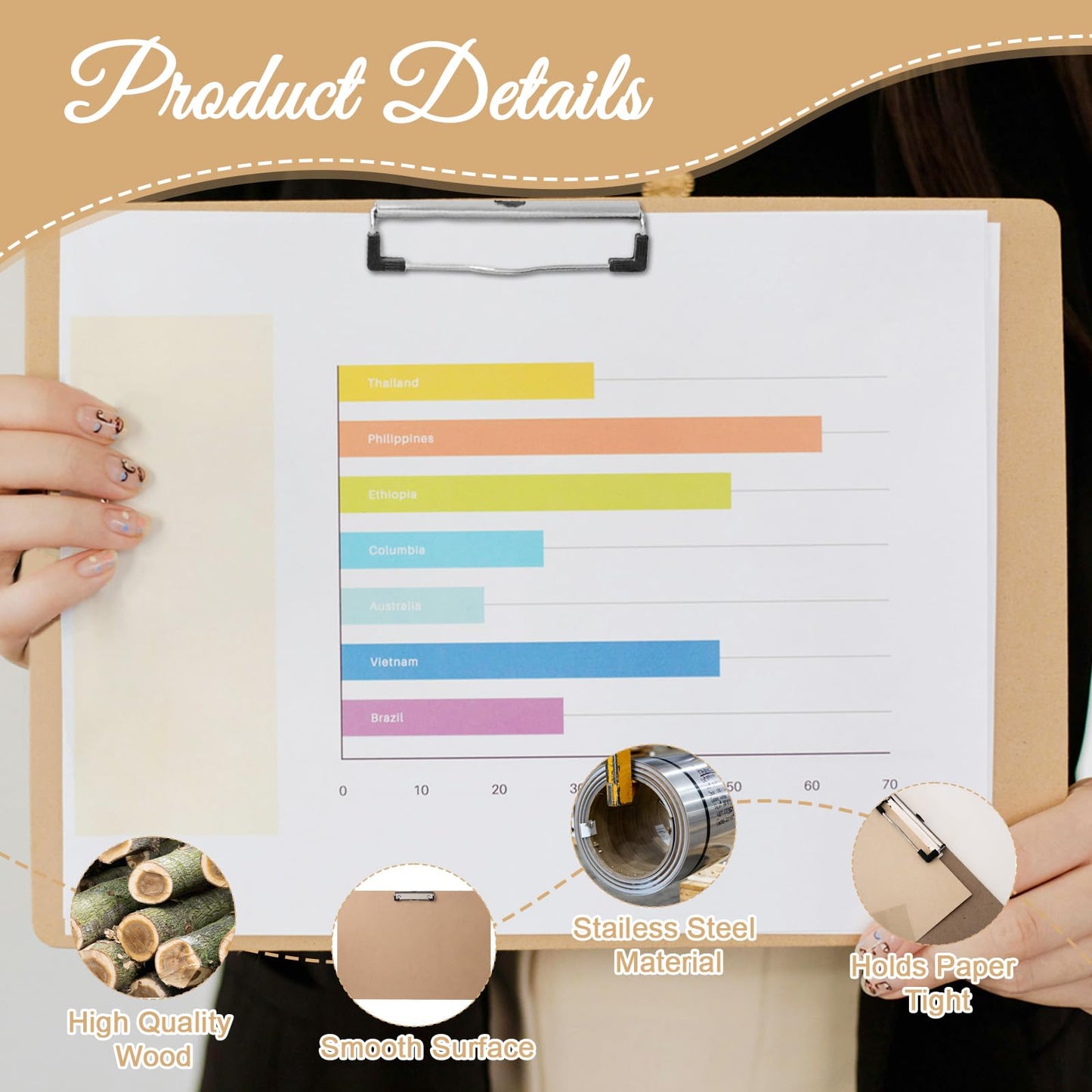 6 Pcs Large Size Clipboard Set, 11x17 Wooden Horizontal Clipboard with Low Profile Clips for Drawing, Sketching, and Art Boards
