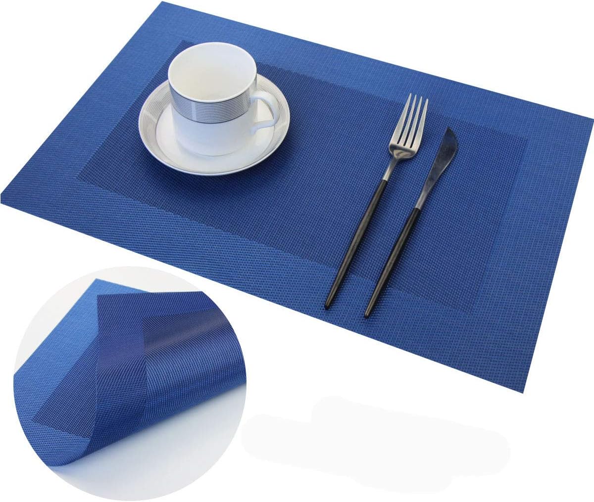 Vinyl Placemats Set of 4, Washable Heat-Resistant Table Mats for Dining Table, Easy Clean Plastic (Blue)