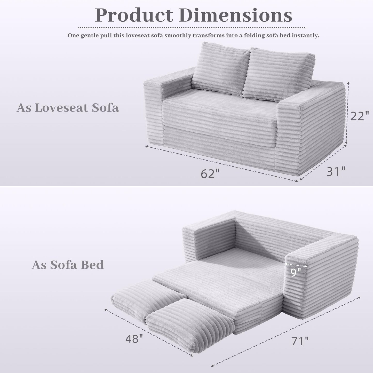HABUTWAY Convertible Folding Sofa Bed Couch,3 in 1 Pull Out Couch Bed,Loveseat Sleeper Sofa Bed,Boneless Couches with Pillows for Living Room Bedroom, Light Grey