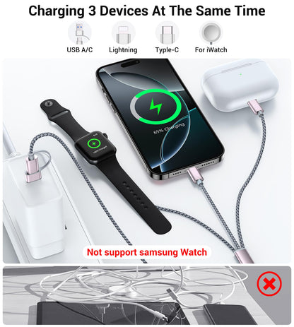 Temdan for Travel Vacation Essentials,3 in 2 USB C Cable for Apple Watch Charger/iPhone 17 Charger/Lightning,Multi Charging Cable Cord,Camping Essentials,Designed for iWatch &iPhone 16-12-5FT Purple