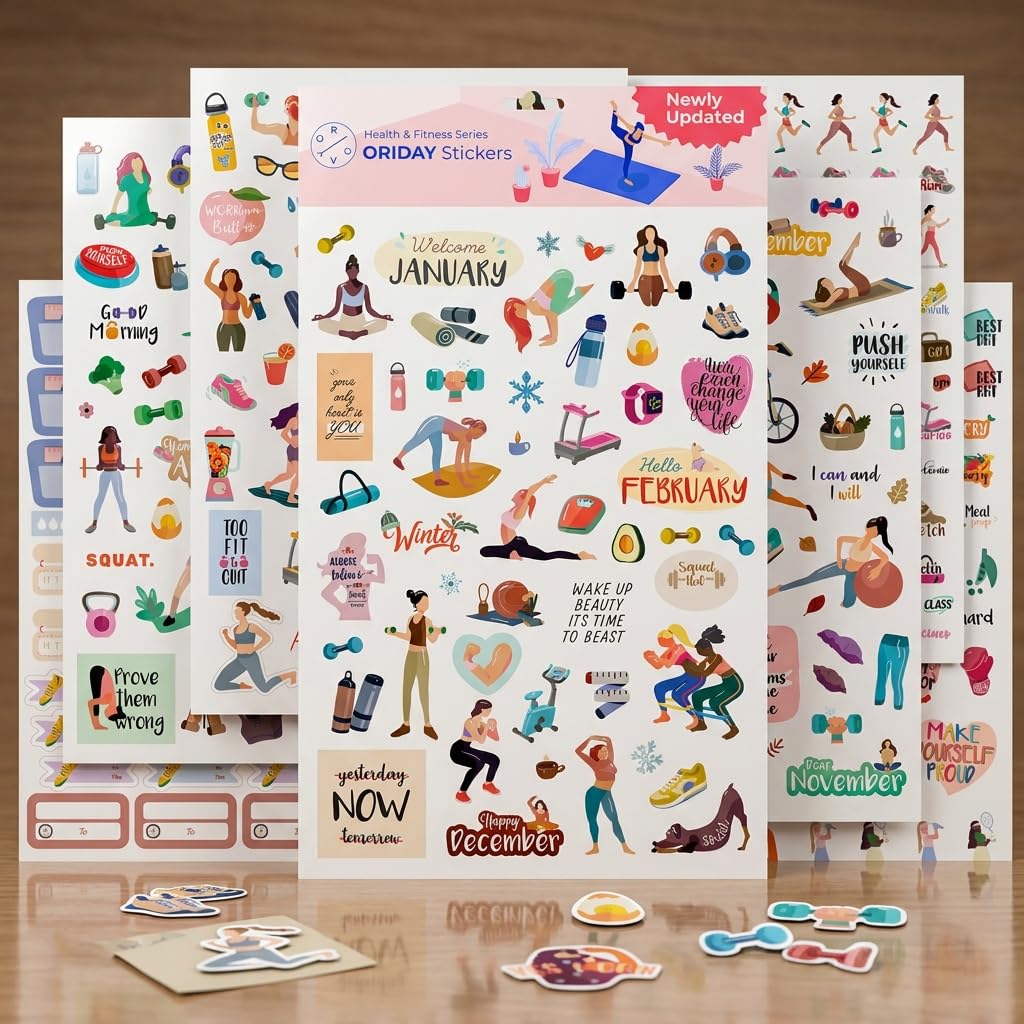 Oriday Health & Wellness, Workout - Newly Updated, Set of 410+ Stickers, 7 Sheets for Seasonal Fitness - Journaling, Scrapbooking, Planning, Habit Tracker for Monthly, Weekly & Daily Planner, Calendar
