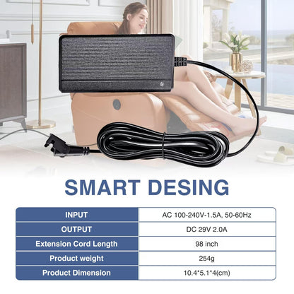 Universal Power Cord for Wall Plug-in Recliner Chair-2-Pin Adapter for Lift Chair,Recliner Sofa,Recliner Couch,29V 2A Recliner Power Supply Compatible with Most Makes & Models ZB-H290020A-C ZBPOWER