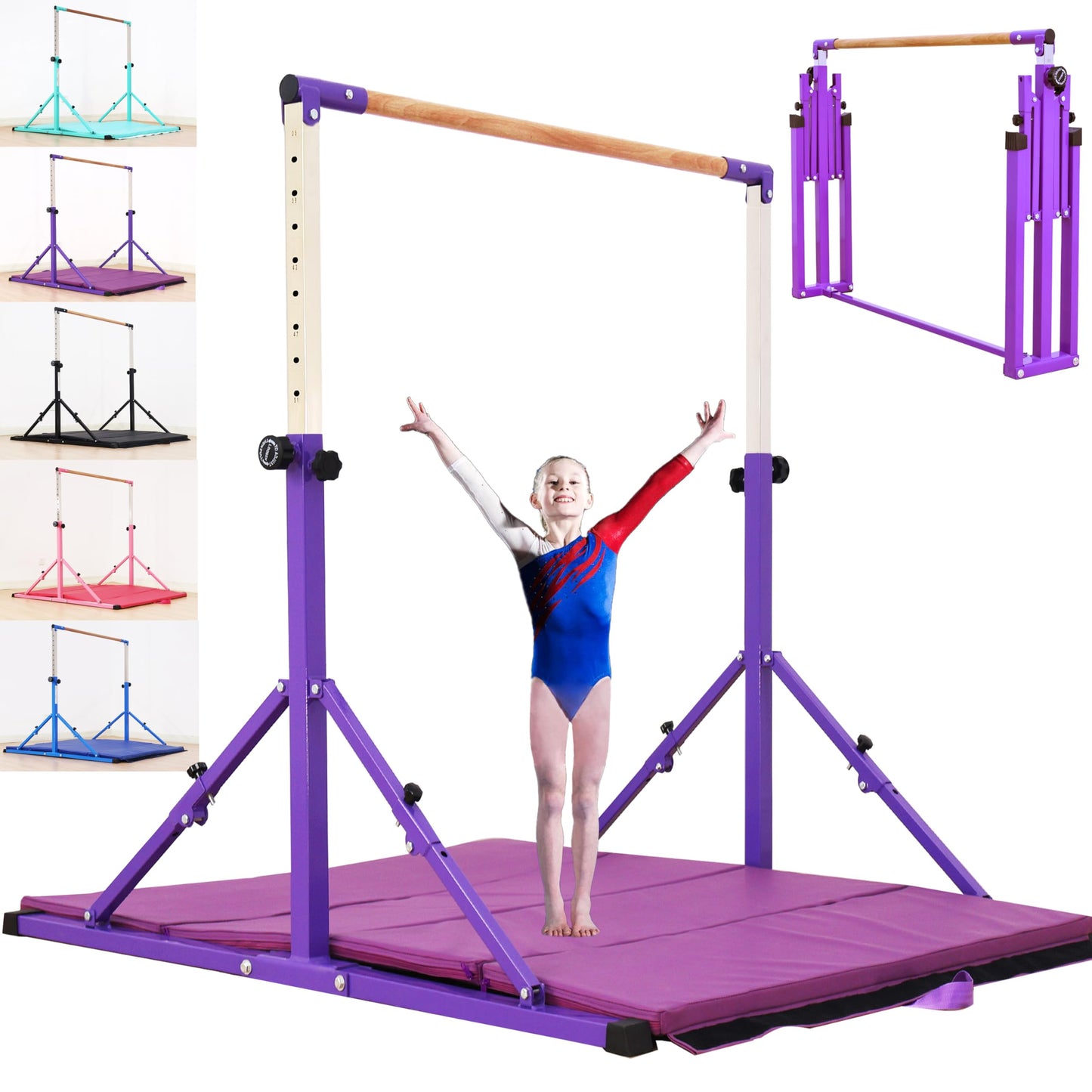 Marfual 5 Ft Fold Gymnastic Bar with Mat Kip Bar with Mat with Professional 4 Ft Width for Kids and Girl and Teenage Home and Club Use